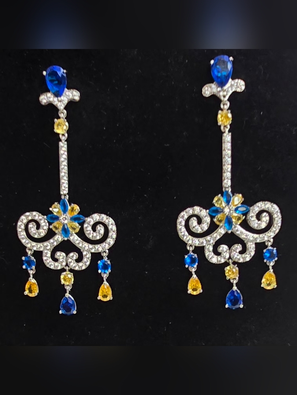 Silver Blue, Clear and Yellow CZ Chandelier Earrings